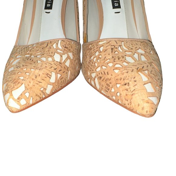 Alice + Olivia Dina Heel Natural Laser Cut Cork & White Canvas Sz 8.5 Excellent! - Picture 2 of 7
